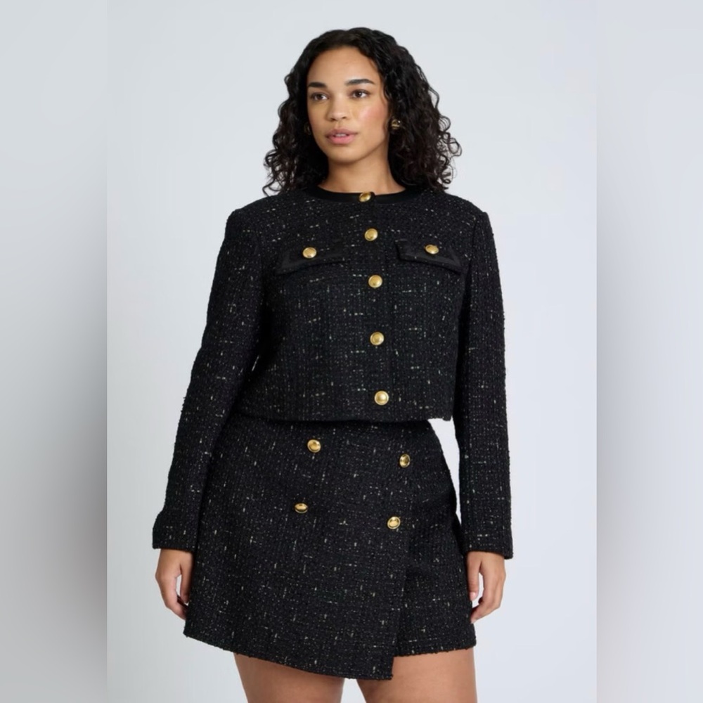 Eloquii Black Tweed Skirt Set with Gold Buttons